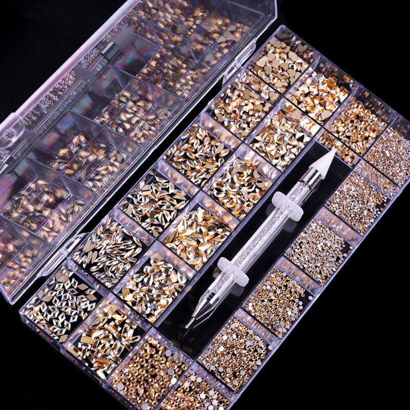 raudonas šampanas, stiklas, krištolinis deimantas, plokščias kalnų krištolas, nagų dailė, 21 tinklelio dėžutė, nagų priedų rinkinys su 1 rašikliu