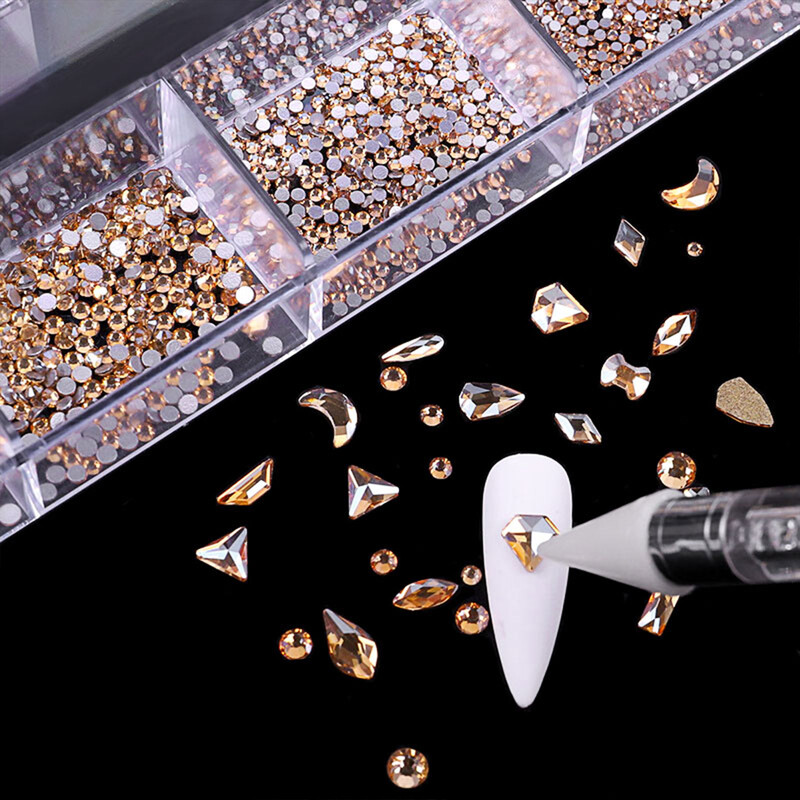 raudonas šampanas, stiklas, krištolinis deimantas, plokščias kalnų krištolas, nagų dailė, 21 tinklelio dėžutė, nagų priedų rinkinys su 1 rašikliu