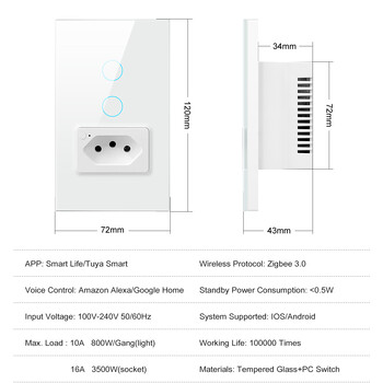 AVATTO Brazil Stand WiFi/Zigbee Smart Light Switch & 20A Socket, Tuya 110V-220V Стенен сензорен превключвател, Работи за Alexa Google home