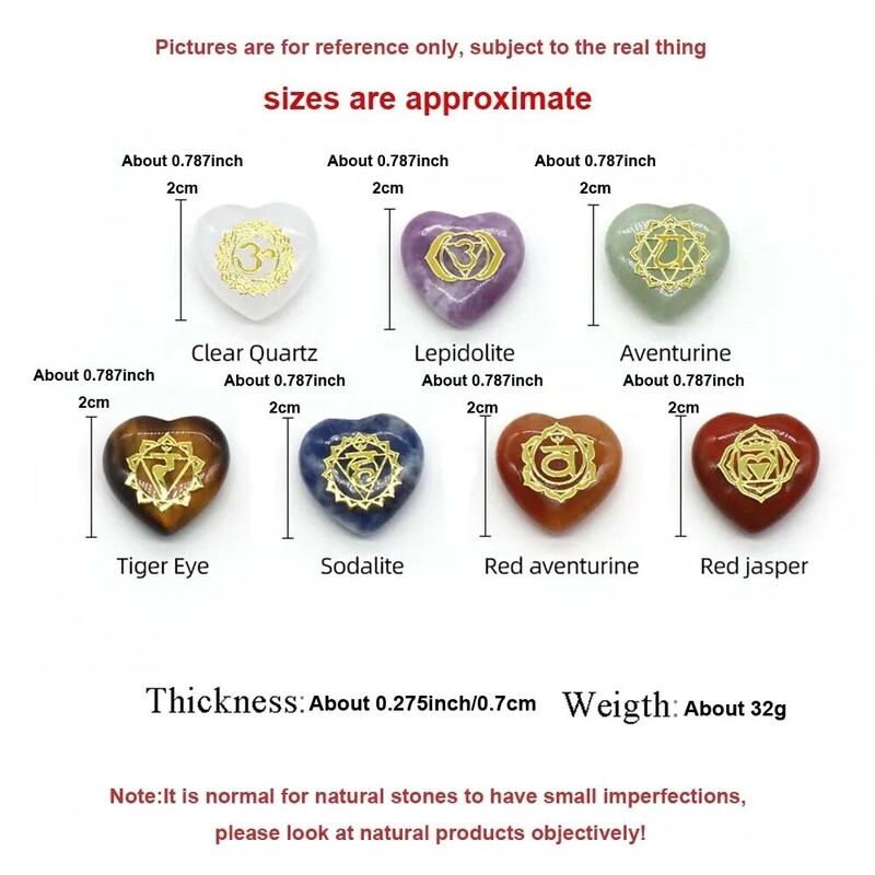 7 vnt/pak. Natūralaus akmens širdies formos ornamentas 7 čakra Ametistas Tigro akies energija Graviruoti simboliai Reiki būrimas Gydymas 20x20mm