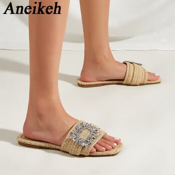 Aneikeh Summer Fashion Casual Square Headed Μπαστούνι Πλεκτές Επίπεδες Γόβες Γυναικείες Παντόφλες Κρυστάλλινα Σανδάλια με ίσιο κάτω μέρος Beach Slides