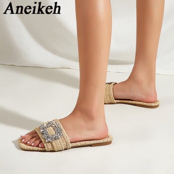 Aneikeh Summer Fashion Casual Square Headed Μπαστούνι Πλεκτές Επίπεδες Γόβες Γυναικείες Παντόφλες Κρυστάλλινα Σανδάλια με ίσιο κάτω μέρος Beach Slides