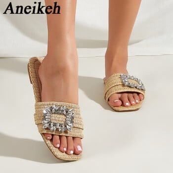 Aneikeh Summer Fashion Casual Square Headed Μπαστούνι Πλεκτές Επίπεδες Γόβες Γυναικείες Παντόφλες Κρυστάλλινα Σανδάλια με ίσιο κάτω μέρος Beach Slides