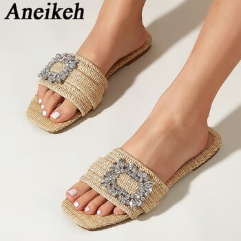 Aneikeh Summer Fashion Casual Square Headed Μπαστούνι Πλεκτές Επίπεδες Γόβες Γυναικείες Παντόφλες Κρυστάλλινα Σανδάλια με ίσιο κάτω μέρος Beach Slides