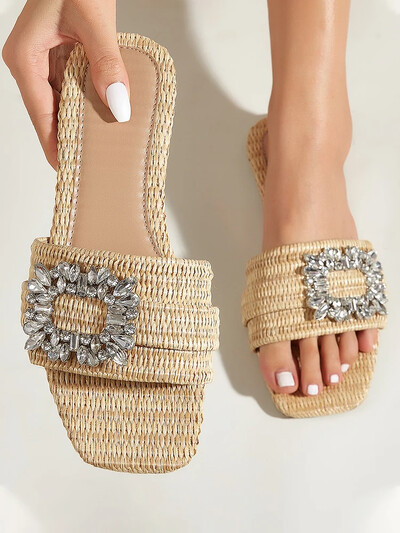 Aneikeh suvine vabamoeline ruudukujuline peaga kepist silmkoelised lamedad kontsad naistele, lameda põhjaga kristallsandaalid, rannaslaidid