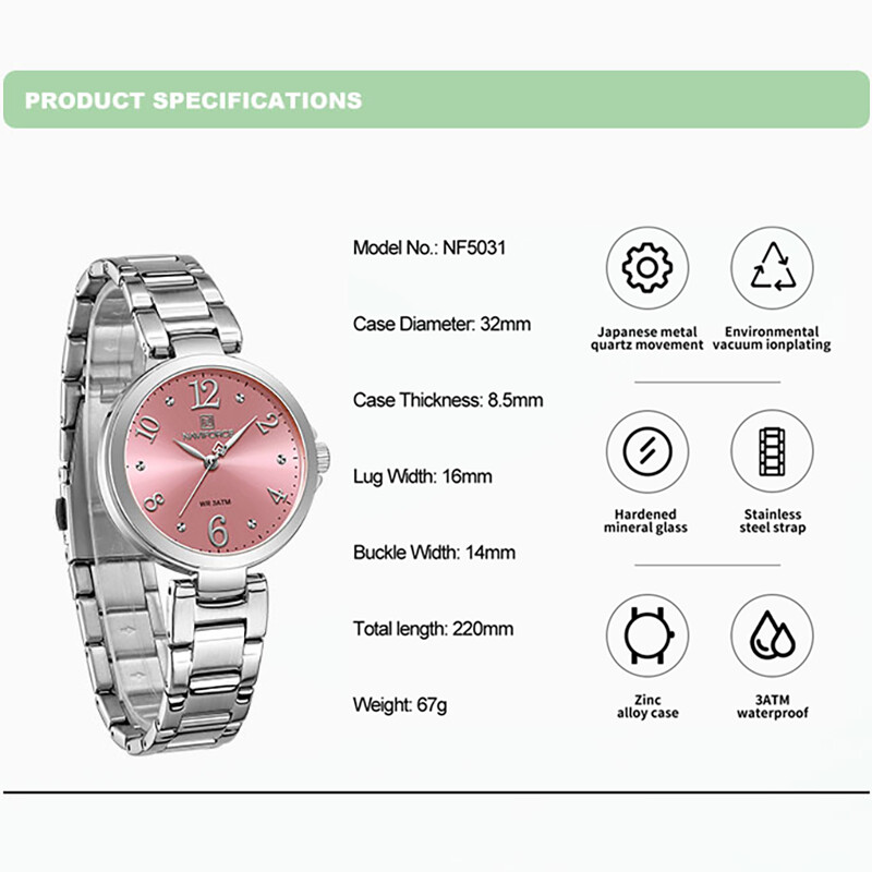 Tippbrändi NAVIFORCE luksuslikud naiste käekellad roostevabast terasest rihmaga veekindel naiste kvartskäekell Romantiline Montre Femme 2023