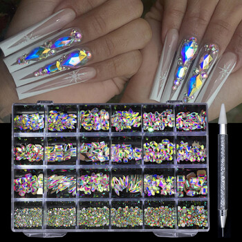 Hot Sale 21 Shapes Κοσμήματα Luxury Shiny Diamond DIY Nail Art Rhinestones Kit Glass Crystal Decorations Set Give 1pcs Pen