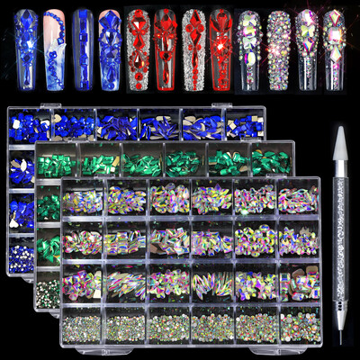 Hot Sale 21 Shapes Κοσμήματα Luxury Shiny Diamond DIY Nail Art Rhinestones Kit Glass Crystal Decorations Set Give 1pcs Pen