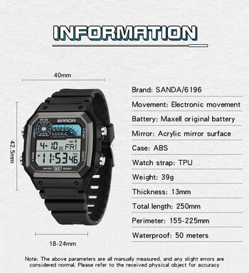 SANDA 6196 Електронен часовник Многофункционален Night Glow Водоустойчив спортен мъжки лек квадратен класически студентски часовник