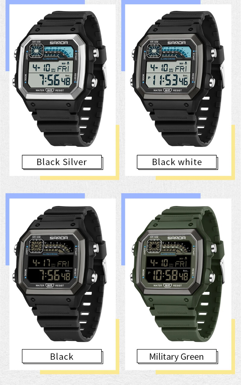 SANDA 6196 elektroninis laikrodis Daugiafunkcis naktinis švytėjimas vandeniui atsparus sportinis vyriškas lengvas kvadratinis klasikinis studentų laikrodis