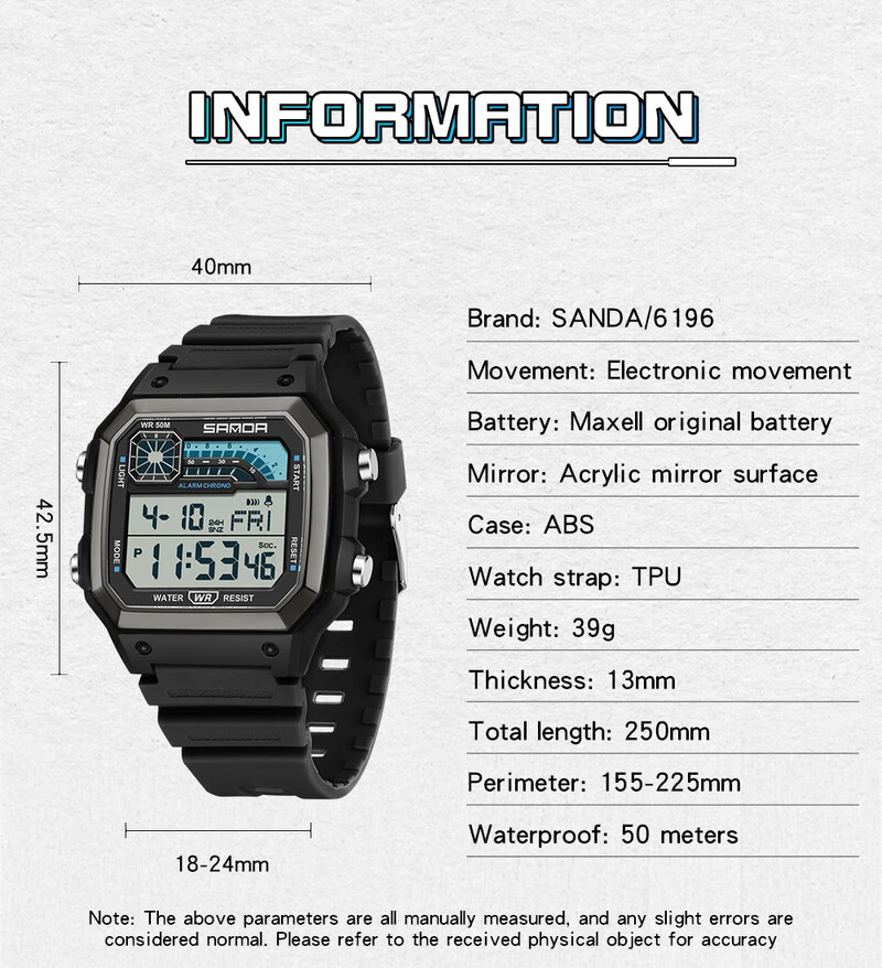 SANDA 6196 elektroninis laikrodis Daugiafunkcis naktinis švytėjimas vandeniui atsparus sportinis vyriškas lengvas kvadratinis klasikinis studentų laikrodis