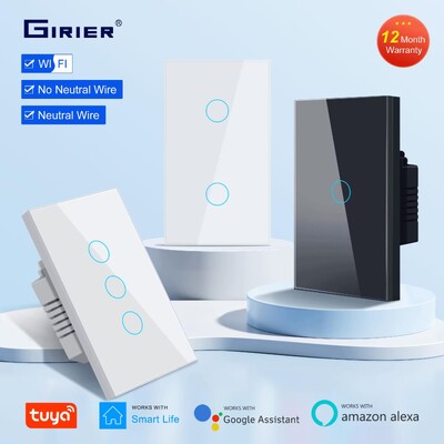 GIRIER Smart Wifi érintőkapcsoló, nincs szükség semleges vezetékre Smart Home 1/2/3 Gang Light kapcsoló 100-240V Működik az Alexával, Hey Google