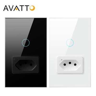 AVATTO Tuya WiFi стенен превключвател и контакт, 4X2 стъклен панел 1/2 бутона, Бразилия, интелигентен превключвател за осветление, дистанционно управление за Alexa Google Home