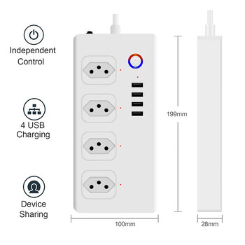 8 порта WiFi Tuya Smart Brazil захранващ щепсел 4 изхода 4 USB гнезда за зарядно устройство Alexa Google Home Voice Assistant Таймер за единичен контакт