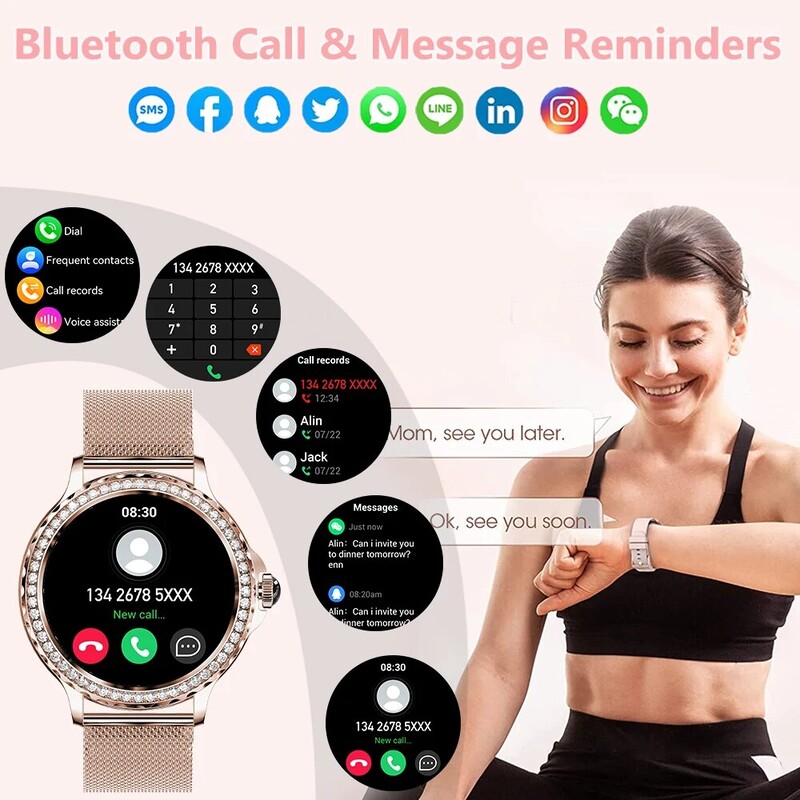 MELANDA Rosegold išmanusis laikrodis, skirtas Lady Bluetooth Call 100+Sports Mode Fitness Moteriškas išmanusis laikrodis „pasidaryk pats“ ciferblatai, skirti IOS Android NX19