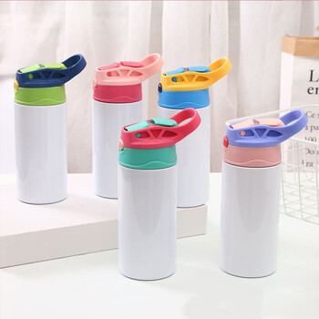 Παιδικό μπουκάλι 12oz Sublimation Straight Sippy Cup Flip Top από ανοξείδωτο ατσάλι Ποτήρι νερού διπλού τοιχώματος με μπουκάλι Straw Sippy