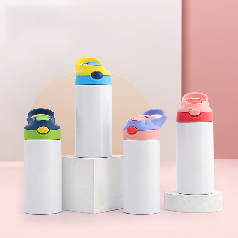 12 uncijų sublimacinės tiesios „Sippy“ puodelis apverčiamas vaikų buteliukas iš nerūdijančio plieno dvigubos sienelės vandens puodelis su šiaudiniu „Sippy“ buteliuku