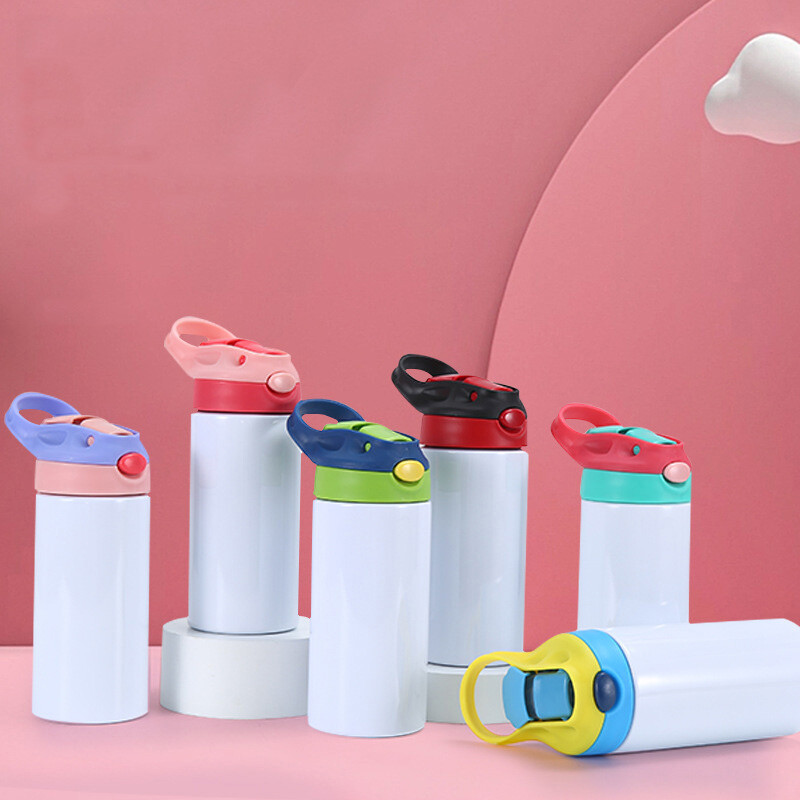 12 uncijų sublimacinės tiesios „Sippy“ puodelis apverčiamas vaikų buteliukas iš nerūdijančio plieno dvigubos sienelės vandens puodelis su šiaudiniu „Sippy“ buteliuku