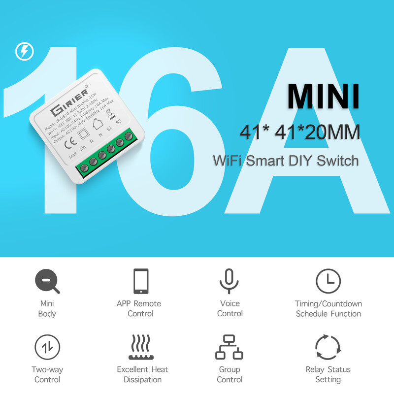 Mini comutator inteligent Wifi DIY 16A acceptă control în 2 căi, modul de automatizare a casei inteligente, funcționează cu aplicația Alexa Google Home Smart Life
