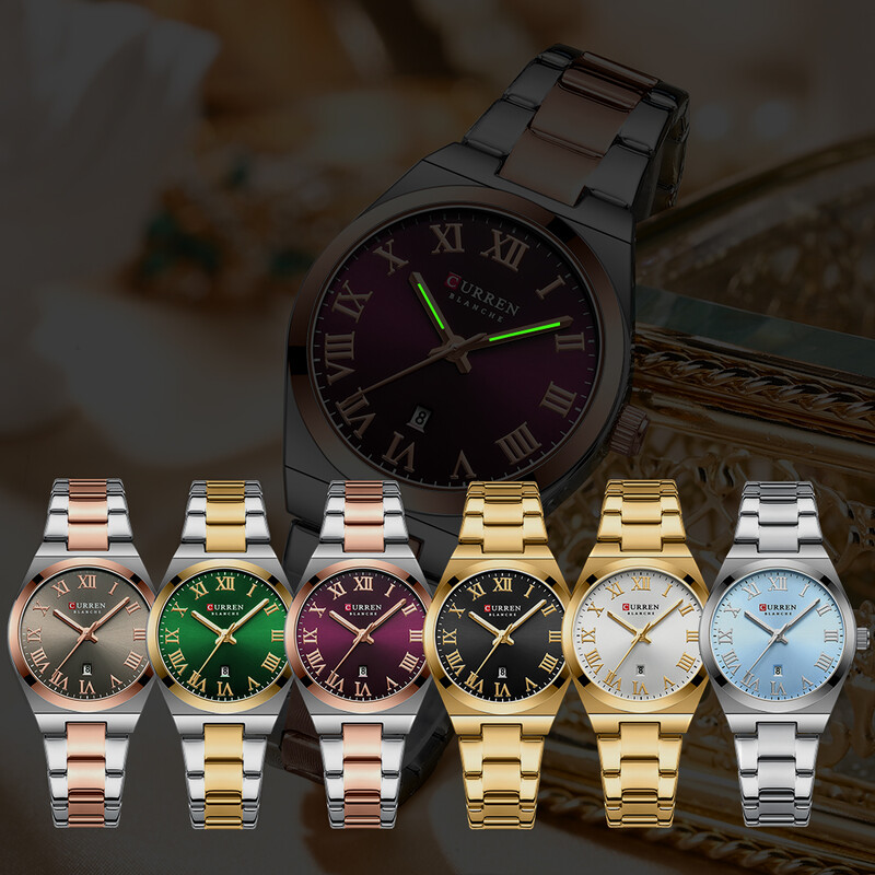 CURREN võluvad šikid kahetoonilised roostevabast terasest kvartsist käekellad naiste vabaajakellidele, millel on automaatse kuupäeva helendavad käed