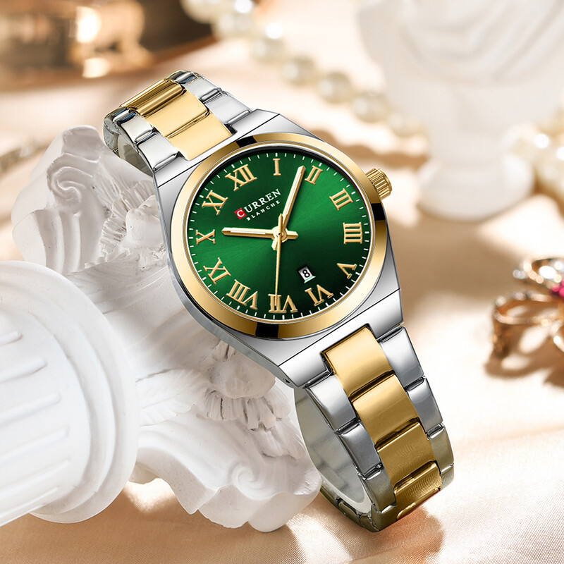 CURREN võluvad šikid kahetoonilised roostevabast terasest kvartsist käekellad naiste vabaajakellidele, millel on automaatse kuupäeva helendavad käed