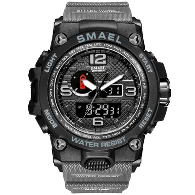SMAEL Ceas sport nou pentru bărbați, 50 m, impermeabil, cu alarmă, 1545D, cu afișaj dublu, ceas de mână cu quartz, ceasuri militare pentru bărbați