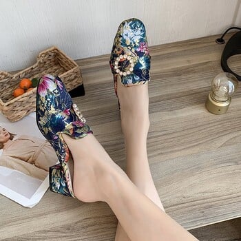 European Station 2022 Summer New Baotou Half Slippers Rhinestone Brothered Flower Χοντρό τακούνι Παντόφλες με μεσαίο τακούνι Γυναικεία μόδα