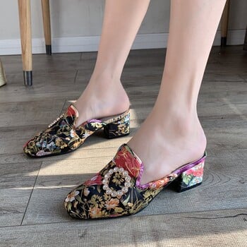 European Station 2022 Summer New Baotou Half Slippers Rhinestone Brothered Flower Χοντρό τακούνι Παντόφλες με μεσαίο τακούνι Γυναικεία μόδα