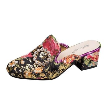 European Station 2022 Summer New Baotou Half Slippers Rhinestone Brothered Flower Χοντρό τακούνι Παντόφλες με μεσαίο τακούνι Γυναικεία μόδα