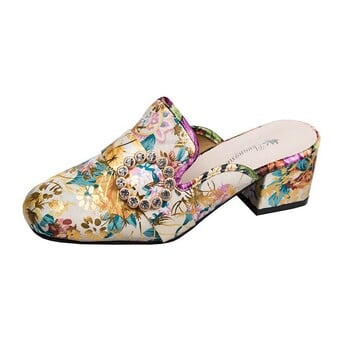 European Station 2022 Summer New Baotou Half Slippers Rhinestone Brothered Flower Χοντρό τακούνι Παντόφλες με μεσαίο τακούνι Γυναικεία μόδα