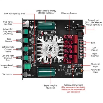 ZK-HT21 2.1 канален TDA7498E 160WX2+220W Bluetooth цифров усилвател на мощност Модул с високо и ниско тонално събуфър