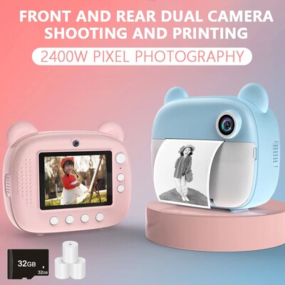 Aparat foto digital pentru copii Imprimare instantanee pentru copii Cameră cu imprimare termică Imprimare foto instantanee Camera video Jucării + card de memorie 32G