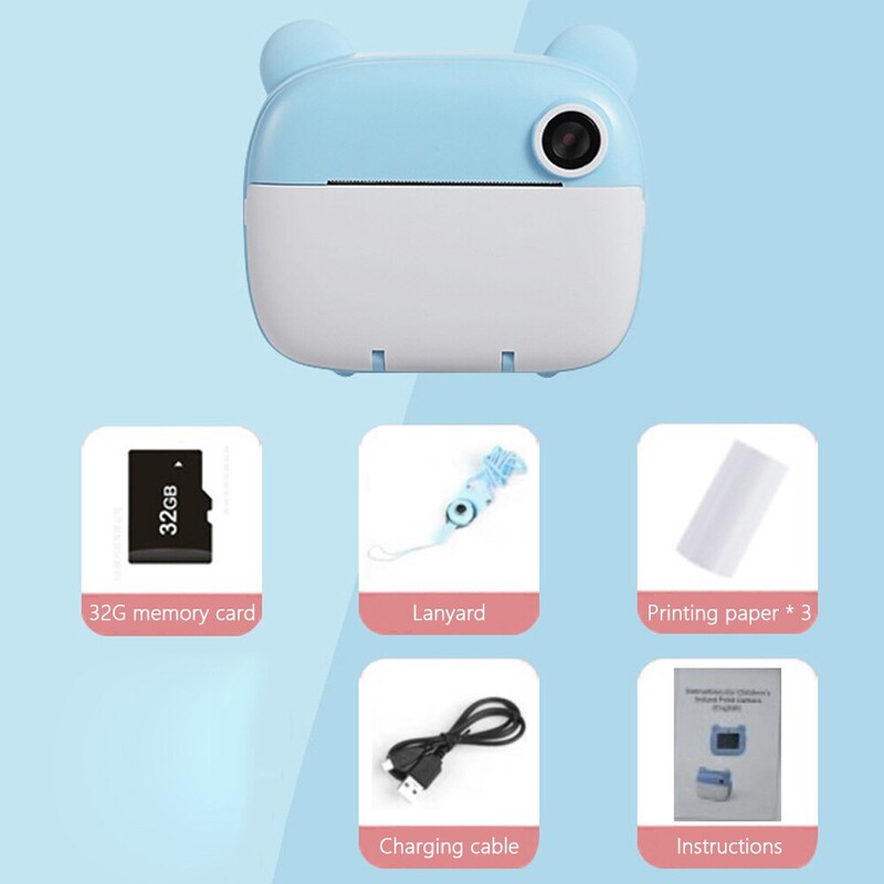 Bērnu digitālā kamera tūlītēja drukāšana bērniem termodrukas kamera tūlītēja fotoattēlu drukāšanas kamera video rotaļlietas + 32G atmiņas karte