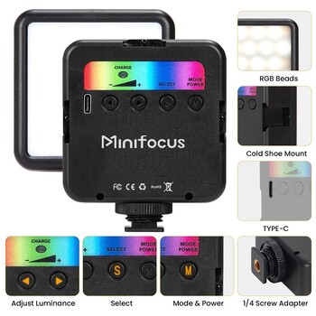 Minifocus RGB Video Light Mini LED Camera Light 1800mAh Акумулаторна LED панелна лампа Photo Video Fill Lighting за Youtube Tik Tok