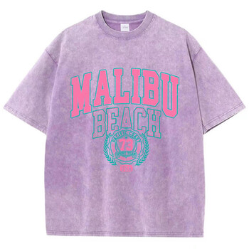 Street Women Cotton Washed T-Shirt Malibu Beach Simple Letter Printing Tee Shirt Модни свободни топове Ежедневни женски дрехи