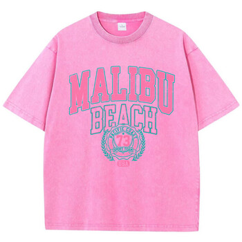 Street Women Cotton Washed T-Shirt Malibu Beach Simple Letter Printing Tee Shirt Модни свободни топове Ежедневни женски дрехи