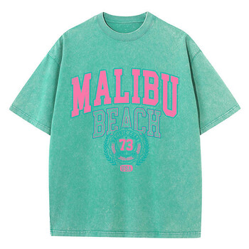 Street Women Cotton Washed T-Shirt Malibu Beach Simple Letter Printing Tee Shirt Модни свободни топове Ежедневни женски дрехи