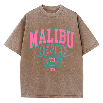 Street Women Cotton Washed T-Shirt Malibu Beach Simple Letter Printing Tee Shirt Модни свободни топове Ежедневни женски дрехи