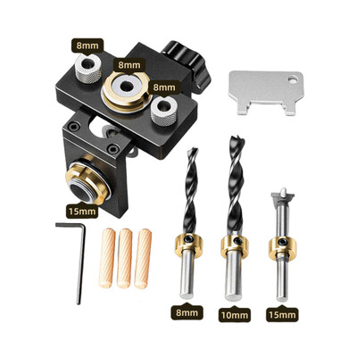 „3 viename“ medžio apdirbimo kaiščių komplektas su pozicionavimo spaustuku su 8/15 mm grąžtu, skirtu gręžimo kreipiamojo lokatoriaus perforatoriaus įrankiams