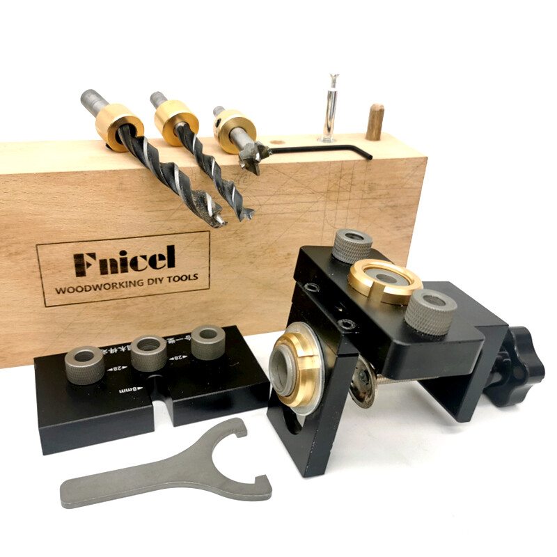 „3 viename“ medžio apdirbimo kaiščių komplektas su pozicionavimo spaustuku su 8/15 mm grąžtu, skirtu gręžimo kreipiamojo lokatoriaus perforatoriaus įrankiams