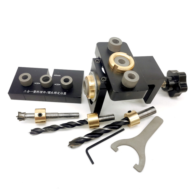 „3 viename“ medžio apdirbimo kaiščių komplektas su pozicionavimo spaustuku su 8/15 mm grąžtu, skirtu gręžimo kreipiamojo lokatoriaus perforatoriaus įrankiams