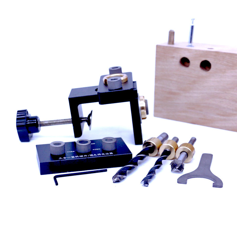 „3 viename“ medžio apdirbimo kaiščių komplektas su pozicionavimo spaustuku su 8/15 mm grąžtu, skirtu gręžimo kreipiamojo lokatoriaus perforatoriaus įrankiams