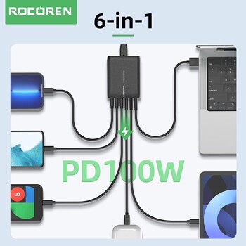 Rocoren 100W φορτιστής USB Τύπος C PD Γρήγορη φόρτιση πολλαπλών 6 θυρών Επιτραπέζιος σταθμός φόρτισης για iPhone 14 13 Pro Xiaomi POCO