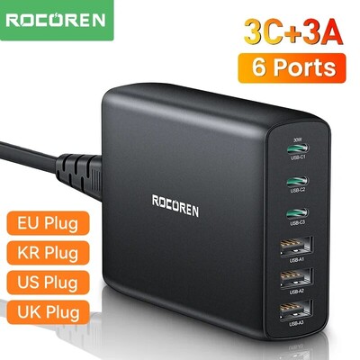 Rocoren 100W USB зарядно устройство тип C PD бързо зареждане с множество 6 порта настолна зарядна станция за iPhone 14 13 Pro Xiaomi POCO