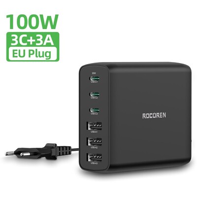 Rocoren 100W USB įkroviklis, tipas C PD greitas įkrovimas, kelių 6 prievadų stalinio įkroviklio stotis, skirta iPhone 14 13 Pro Xiaomi POCO