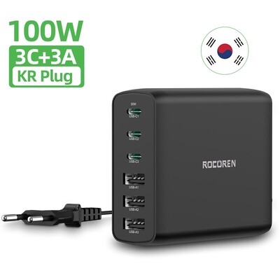 Rocoren 100W USB įkroviklis, tipas C PD greitas įkrovimas, kelių 6 prievadų stalinio įkroviklio stotis, skirta iPhone 14 13 Pro Xiaomi POCO