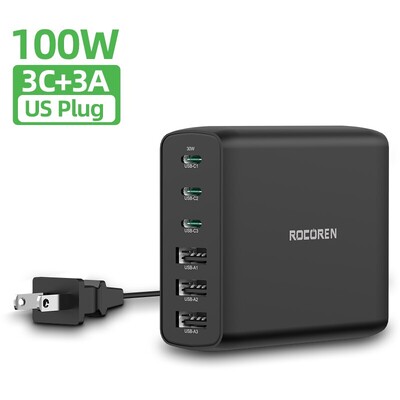 Rocoren 100W USB įkroviklis, tipas C PD greitas įkrovimas, kelių 6 prievadų stalinio įkroviklio stotis, skirta iPhone 14 13 Pro Xiaomi POCO