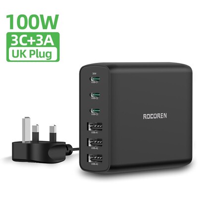 Rocoren 100W USB įkroviklis, tipas C PD greitas įkrovimas, kelių 6 prievadų stalinio įkroviklio stotis, skirta iPhone 14 13 Pro Xiaomi POCO