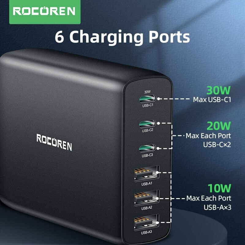 Rocoren 100W USB įkroviklis, tipas C PD greitas įkrovimas, kelių 6 prievadų stalinio įkroviklio stotis, skirta iPhone 14 13 Pro Xiaomi POCO