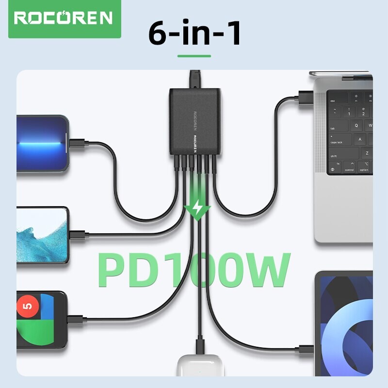 Rocoren 100W USB įkroviklis, tipas C PD greitas įkrovimas, kelių 6 prievadų stalinio įkroviklio stotis, skirta iPhone 14 13 Pro Xiaomi POCO